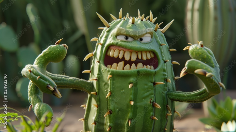 Poster a whimsical 3d cactus character with a wild, animated expression and sharp spines. perfect for carto
