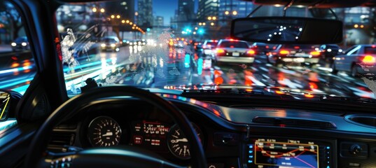 Police Car Dashboard Technology in Nighttime Traffic - Law Enforcement and Security Visualization