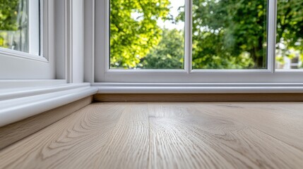 Fototapeta premium Close-up of a white bay window revealing reflections and soft light while featuring clean lines and a blurred backdrop of trees outside