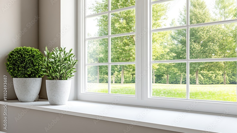 Aufkleber close-up of a white bay window revealing reflections and soft light while featuring clean lines and 