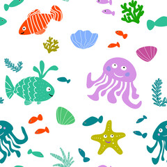 Seamless illustration with sea creatures.