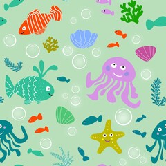 Underwater world. Seamless children's pattern with fish. Illustration.