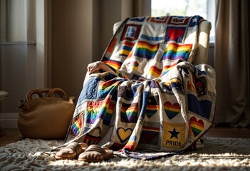 Cozy chair with a handmade patchwork quilt featuring vibrant LGBTQ+ pride symbols, set in a sunlit room; a heartwarming blend of comfort and inclusivity for any home