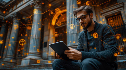 A man sits on stairs of an old building, engaged in using a tablet while digital icons hover around him, symbolizing connectivity and technology