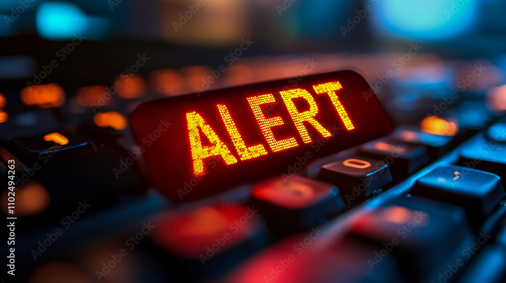 Poster a bright red alert sign glows on a keyboard, drawing attention to a system warning while surrounded 