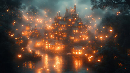 Fototapeta premium Magical village illuminated by warm glowing lights along the river at dusk. Generative AI