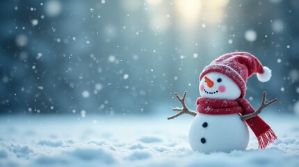 Fototapeta premium Cheerful Snowman With Red Scarf And Hat In Winter Wonderland