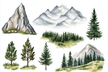 Fototapeta premium spring Mountains and forest set, landscape design watercolor hand painting. Isolated on white background. 