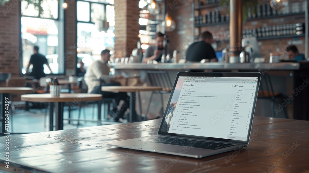 Poster Trendy Cafe Workspace with Open Laptop Email Application - Perfect for Dynamic Stock Imagery