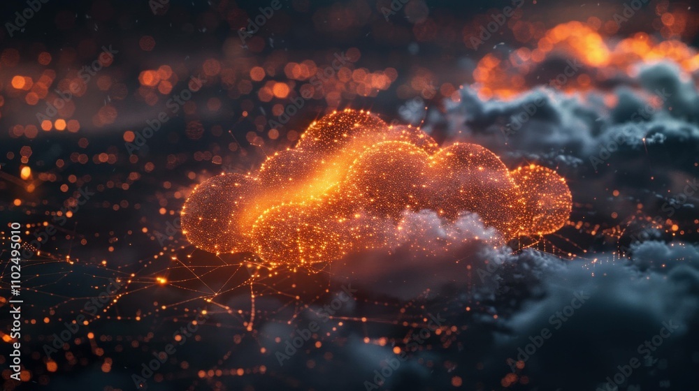 Poster abstract glowing cloud with digital particles, representing technology and connectivity in a night s