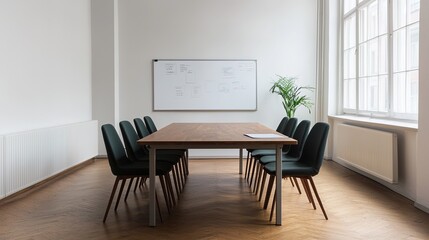 A modern conference room featuring a large wooden table, black chairs, and a whiteboard against a bright, minimalistic backdrop.