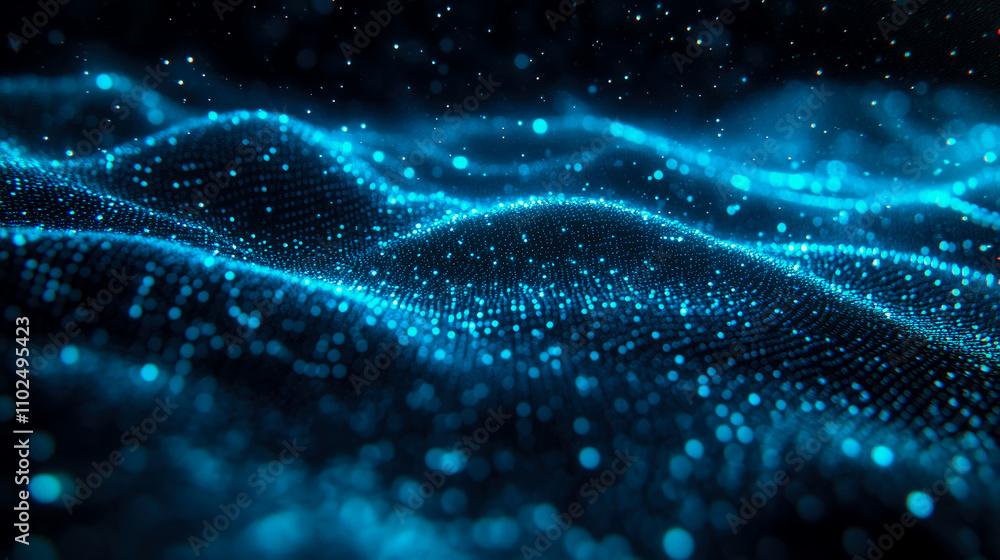 Fototapete a mesmerizing display of luminous blue particles forms undulating wave patterns, capturing the beaut