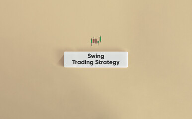 Swing Trading Strategy. Candlestick Chart and Text on Block Letter Tile on Solid Beige Background. Minimal Aesthetic.