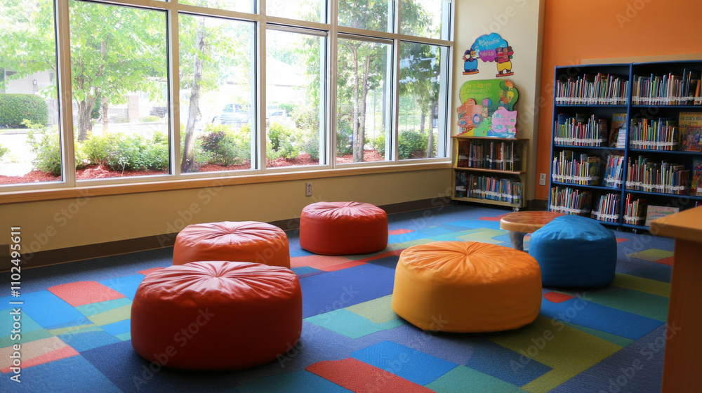 Poster cozy reading area with colorful seating and natural light in a library setting for quiet activities