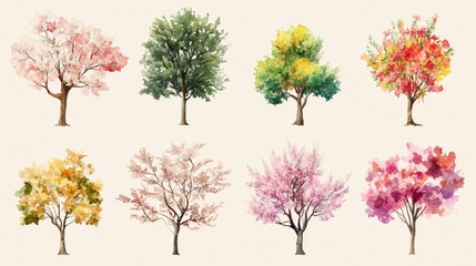 Vertor set of spring blossom tree,blooming plants side view for landscape elevation and section,eco environment concept design,watercolor shrub illustration,colorful season
