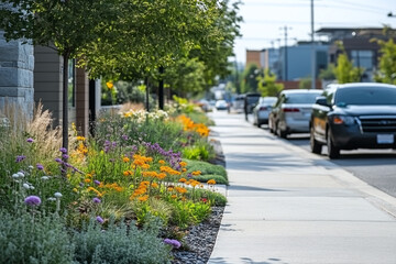 A modern urban streetscape featuring rain gardens and bioswales along the sidewalks, designed to manage stormwater runoff.