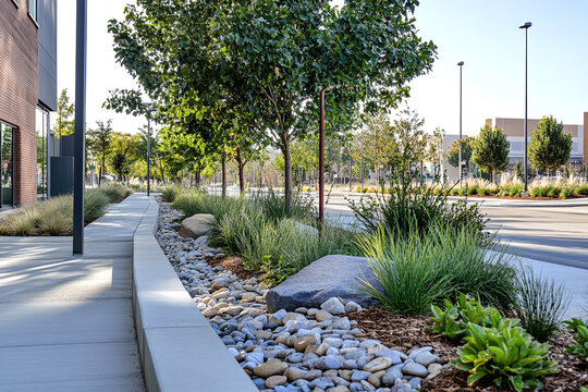 A modern urban streetscape featuring rain gardens and bioswales along the sidewalks, designed to manage stormwater runoff.