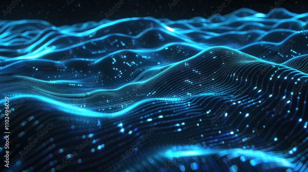 Poster abstract glowing blue waves with sparkles, creating a digital ocean-like effect. vibrant and dynamic