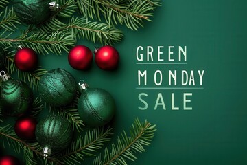 Minimalistic festive discount banner with a "GREEN MONDAY SALE" text on a green background with decorated Christmas tree branches and Christmas balls