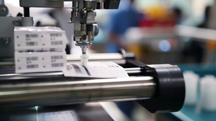 Prescription labels being printed in a modern pharmacy during a busy workday