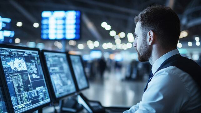 Airport security personnel monitor multiple screens in a busy terminal during peak travel hours