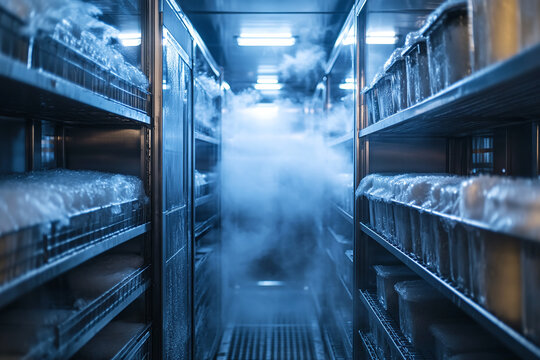 Industrial walk-in freezer interior, frost-covered shelves.