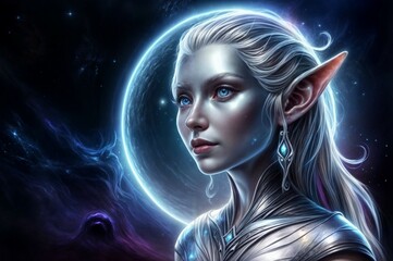 female fantasy character portrait with cosmic background for use in creative projects or storytelling visuals