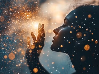 Mystical human silhouette merging with cosmic light exposure, starry universe background, spiritual transformation