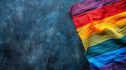 Vibrant rainbow flag draped on textured surface to promote gay marriage equality message during pride events