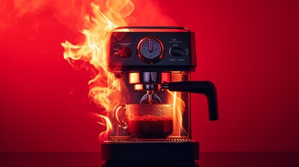 A bold AI-generated image featuring a coffee machine engulfed in flames against a red background. The fiery concept and intense lighting evoke a sense of chaos and heat, ideal for creative advertising