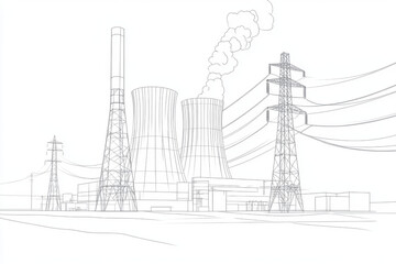 Line art illustration of a thermal power plant with a central building, cylindrical cooling towers with wavy steam lines on a white background. AI generated.
