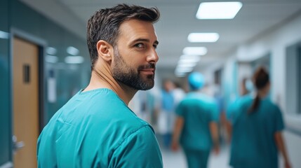 Obraz premium Smiling Male Healthcare Professional in Scrubs Looking Back While Walking Through a Busy Hospital Corridor with Colleagues Engaged in Patient Care Activities