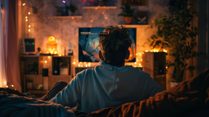 Cozy gaming nook with warm lights and immersive gameplay for an evening of relaxation and entertainment