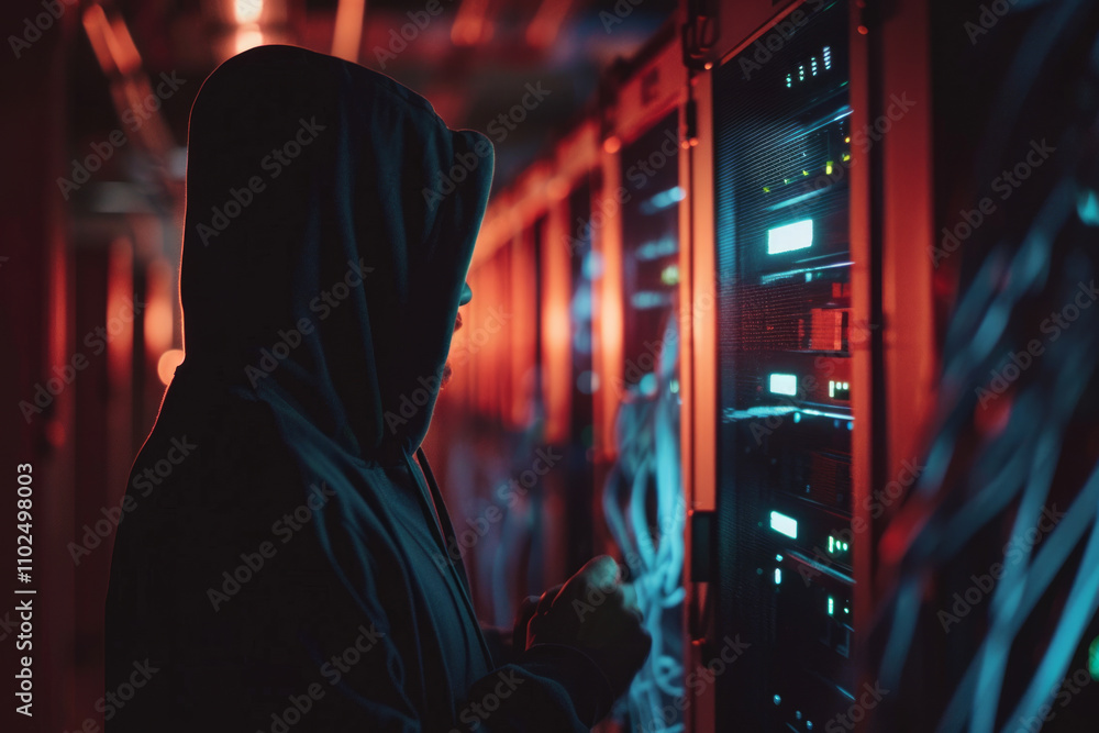 Aufkleber infiltrating a corporate network during nighttime in a data center with illuminated servers