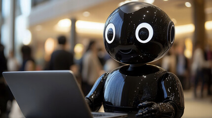Fototapeta premium A modern robot interacts with a laptop in a bustling area filled with people, showcasing technology and innovation in everyday life