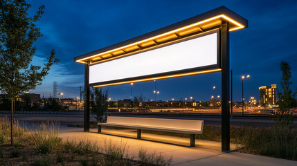 Illuminated Bus Stop Bench with Blank Advertisement Billboard at Dusk