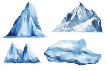 Watercolor icebergs set isolated on the white background. Ice mountains. Glasier mass. Snow slides. 