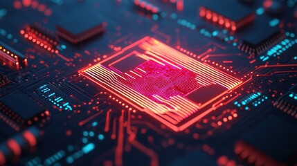 Obraz premium Technologist innovation concept, A vibrant, abstract depiction of a microchip with glowing circuits, showcasing the intricate technology and design in a digital environment.