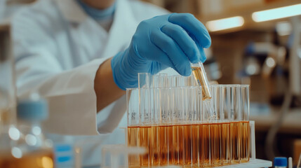 Technician organizes and conducts testing with test tubes in a laboratory environment