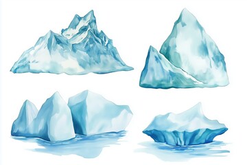 Watercolor icebergs set isolated on the white background. Ice mountains. Glasier mass. Snow slides. 