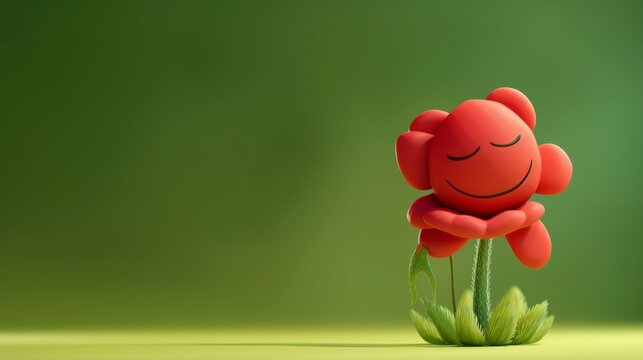 A cute, red flower character with a large smiling face and closed eyes, gently standing on a green field background. The flower radiates a joyful, carefree vibe. AI generated.