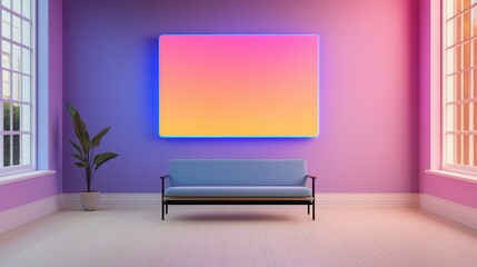 Technologist innovation concept, A modern living room featuring a minimalist blue sofa, vibrant gradient wall art, and large windows allowing natural light.