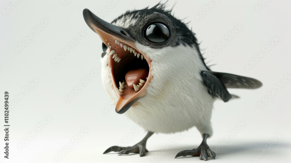 Poster a humorous cartoon bird with sharp teeth and an exaggerated expression, rendered in 3d. the playful 