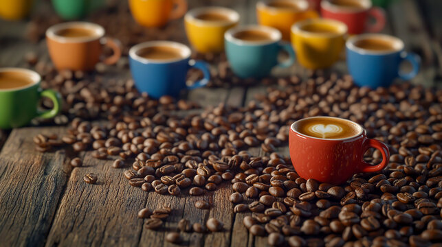 Espresso coming out of colorful coffee Nespresso cups, scattered on the wooden table with many coffee beans.