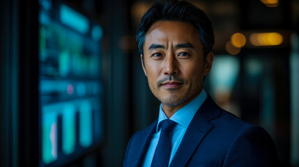 A businessman stands confidently in a sleek office space, showcasing professionalism and focus against a backdrop of illuminated digital screens