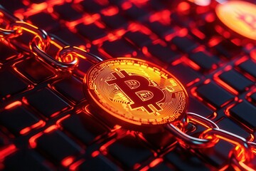 Fototapeta premium Technologist innovation concept, A glowing Bitcoin coin on a dark, textured surface, symbolizing digital currency and blockchain technology.