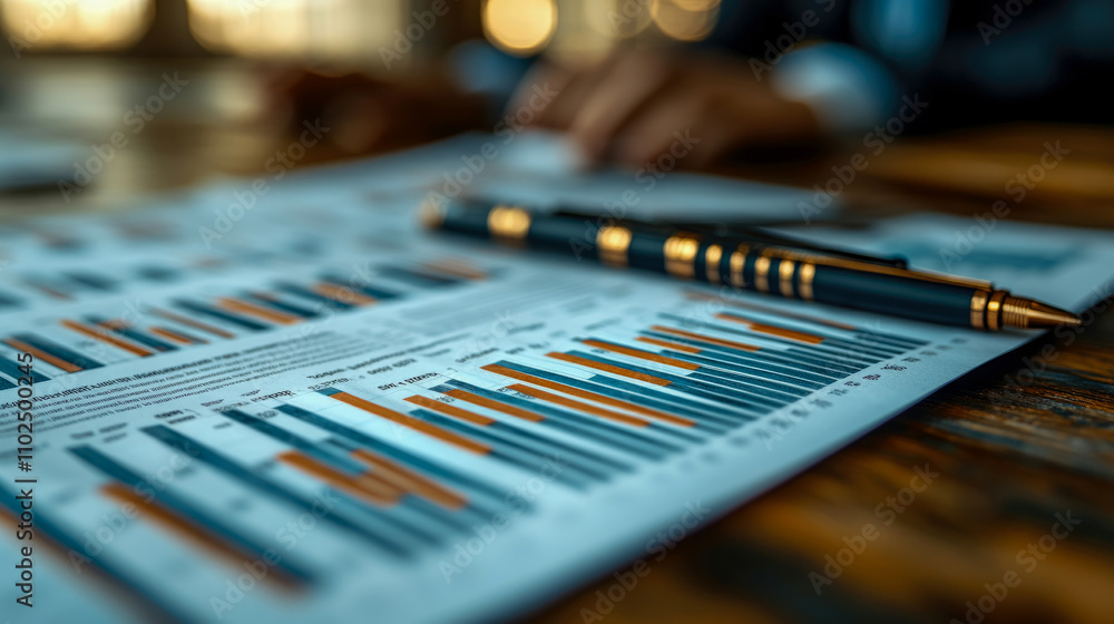 Poster clear graphs and charts illustrate business performance metrics on a desk, while a pen rests nearby,