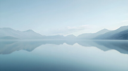Fototapeta premium Tranquil Reflections: A Lake's Serene Mirror of Sky and Mountain Simplicity in White