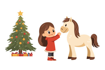 Cute cartoon girl hugs a pony on the background of a decorated Christmas tree
