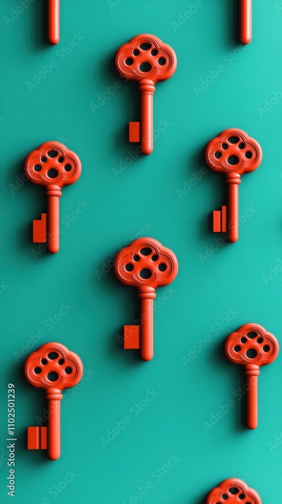 Aufkleber red vintage keys arranged in a pattern on a teal background create a striking visual, ai